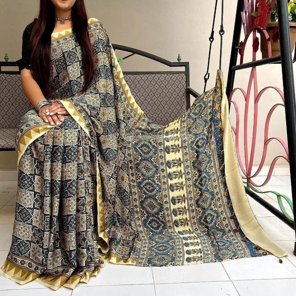 Elegant Beige & Blue Cotton Saree with Ajraakh Prints
