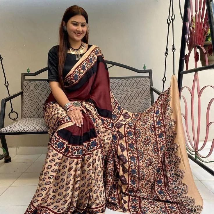 Elegant Beige & Maroon Cotton Ajrakh Print Saree