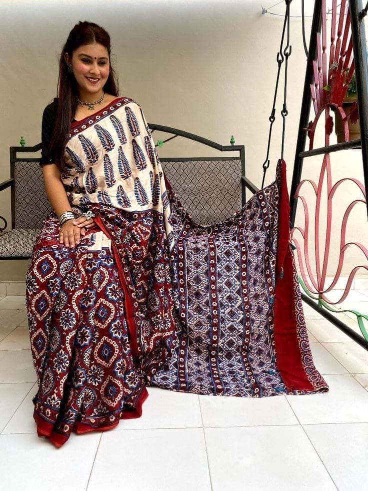Maroon Ajrakh Printed Cotton Natural Print Saree
