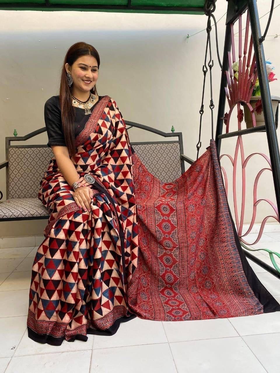 Elegant Beige & Maroon Geometric Ajrakh Print Saree with Traditional Red Pallu