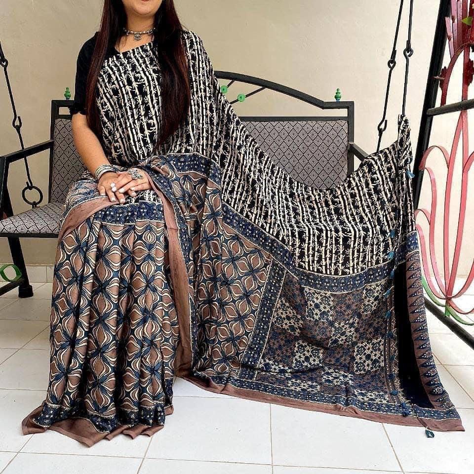 Elegant Black & Brown Ajrakh Print Cotton Saree with Geometric and Floral Motifs