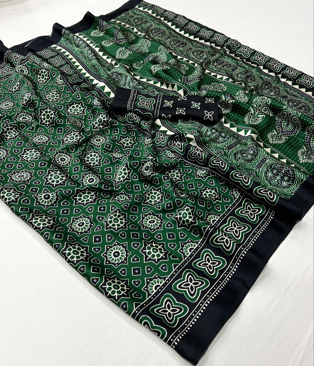 Ethnic Green Ajrakh Handblock Printed Modal Saree
