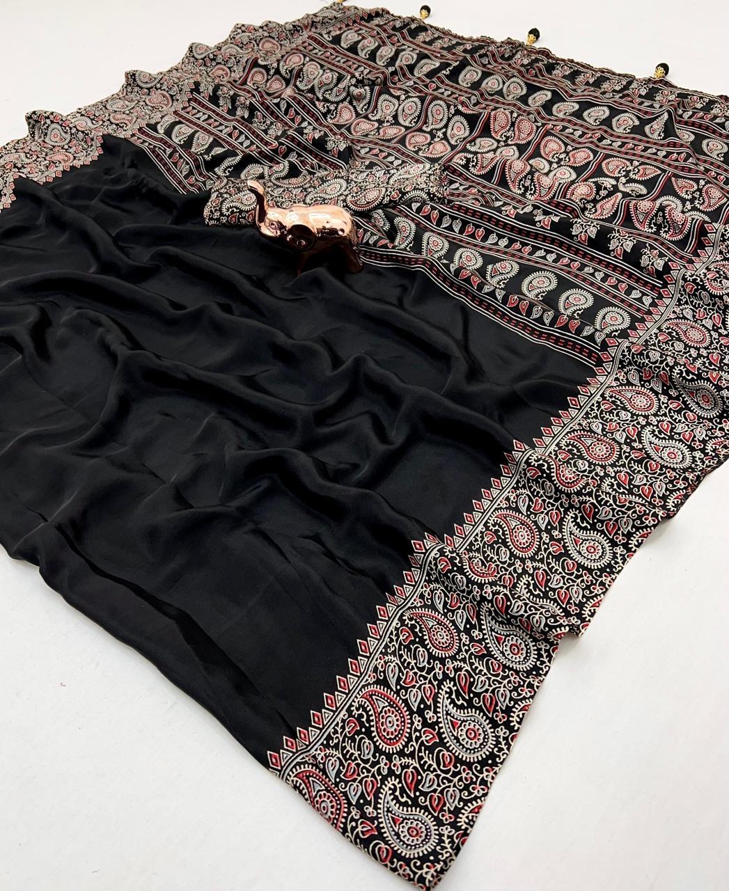 Black Ajrakh Print Saree for Festive & Ethnic Wear