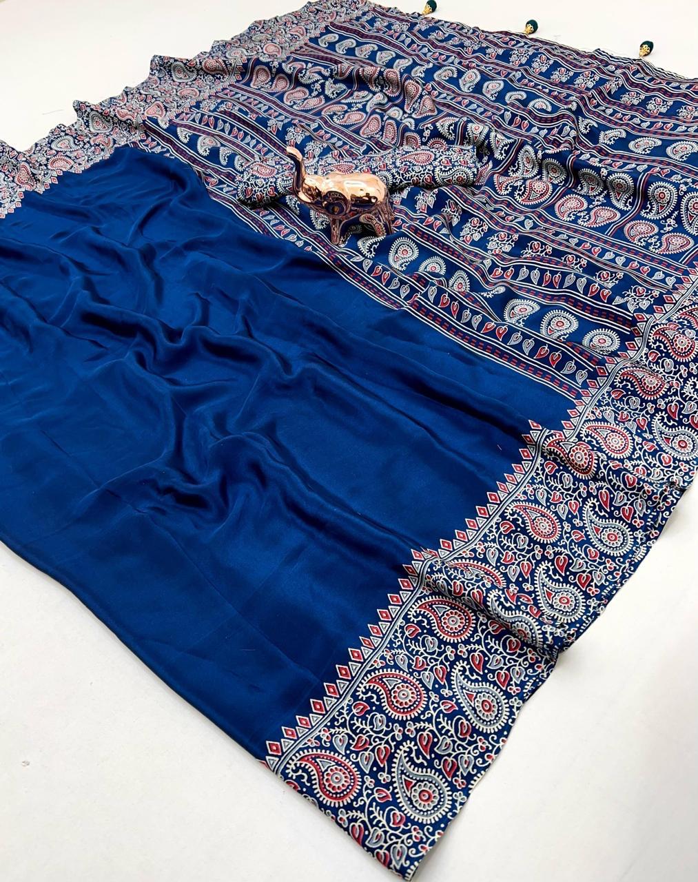 Royal Blue Ajrakh Printed Gaji Silk Saree – Ethnic & Stylish