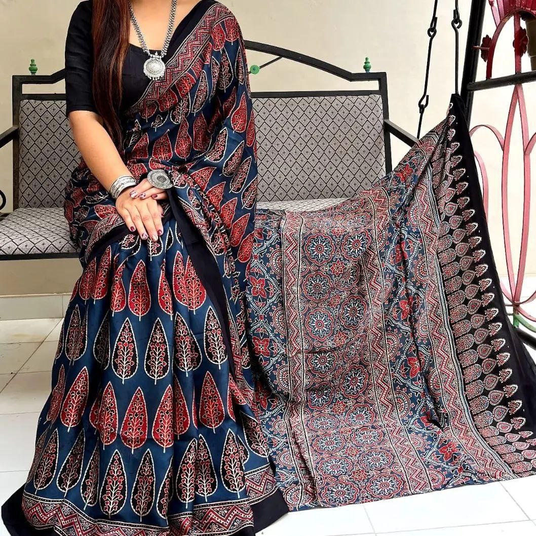 Premium Indigo Blue Ajrakh Design Saree with Ethnic Red Leaf Prints