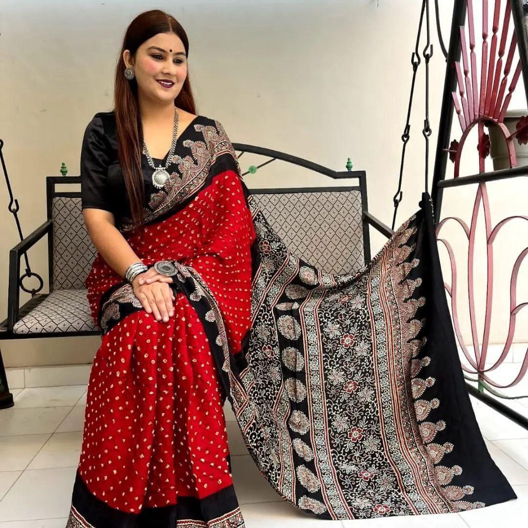 Graceful Red Modal Saree with Traditional Ajrakh Print