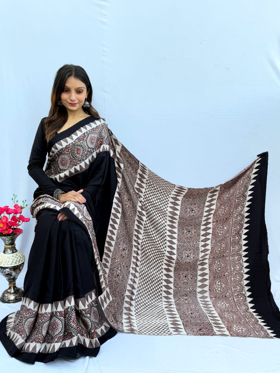 Black Soft Cotton Silk Saree with Detailed Ajrakh Print