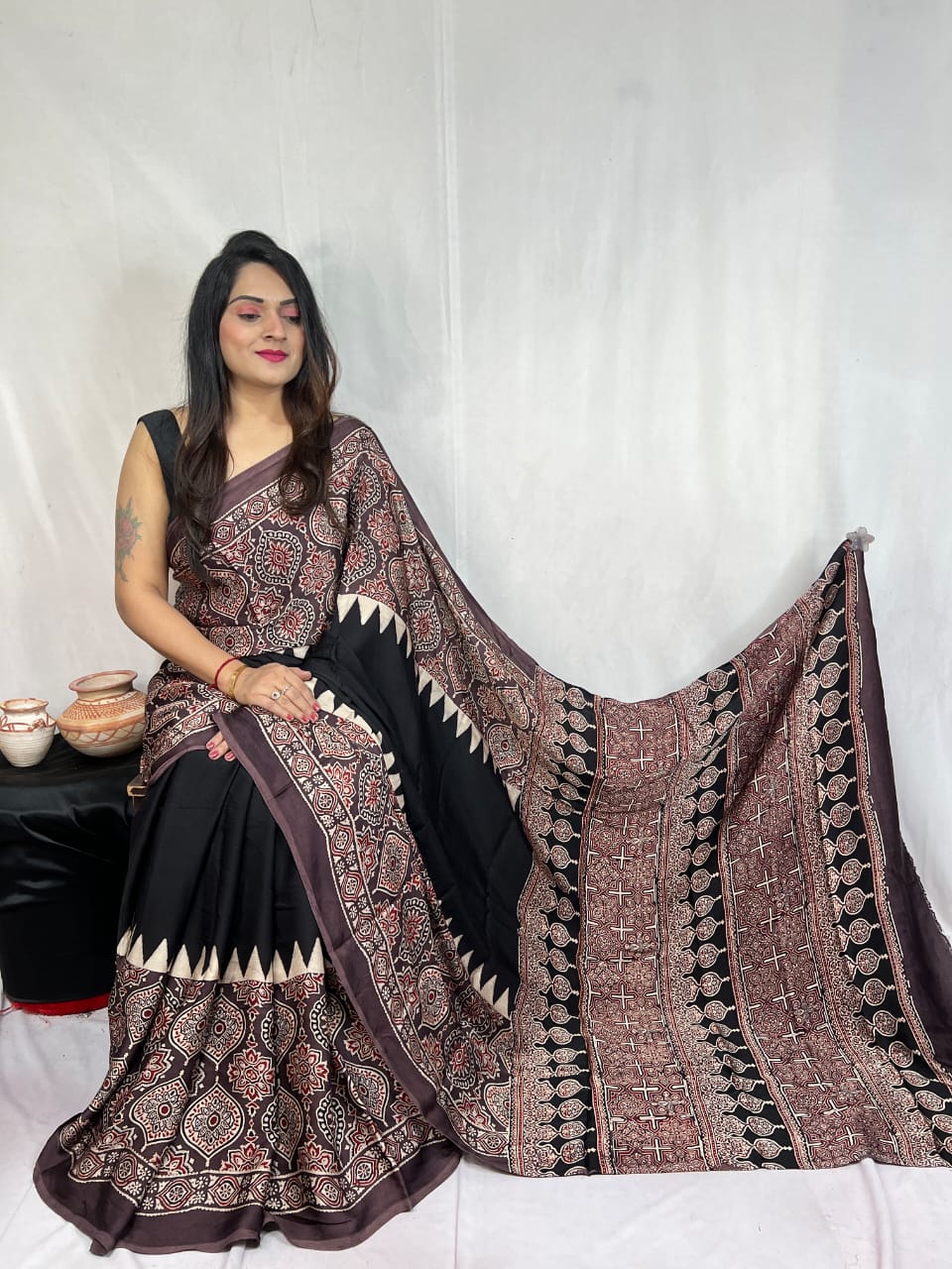 Elegant Black Ajrakh Print Saree with Maroon Geometric Motifs & Contrast Border