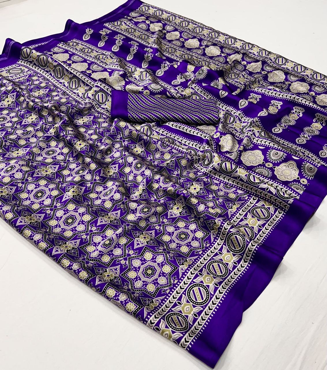Purple Ajrakh Print Saree in Flowing Modal Silk