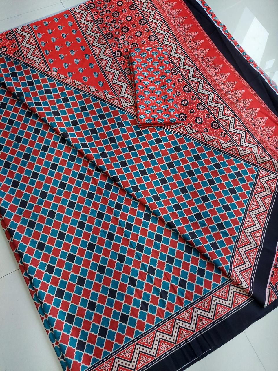 Black and Red Modal Silk Ajrakh Print Saree