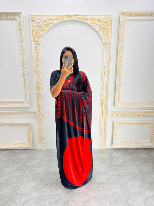Black & Maroon Saree with Bold Red Circle Pallu – Modern Designer Look