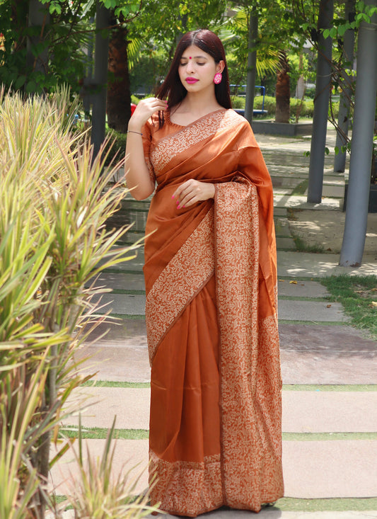 Copper Brown Handloom Raw Silk Saree with Rich Pallu