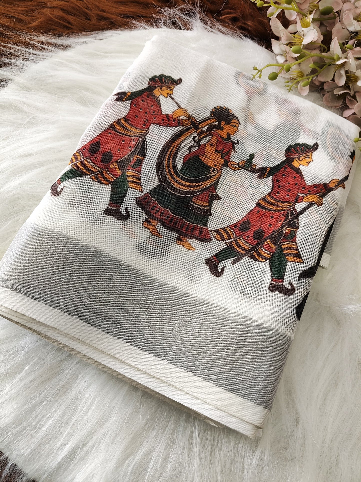 White Linen Saree with Ethnic Tribal and Elephant Print