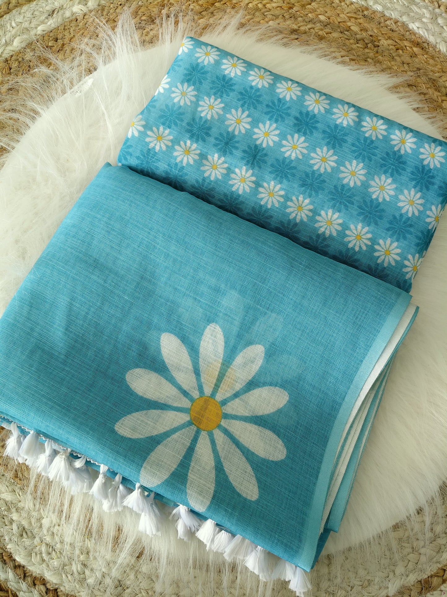 Sky Blue Linen Cotton Saree with Daisy Digital Print