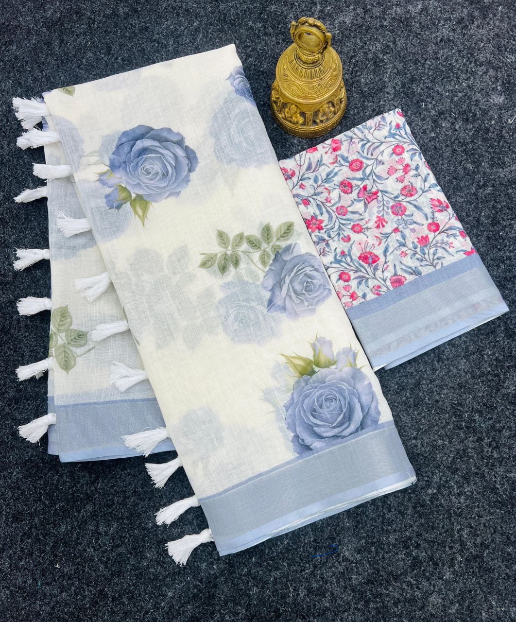 Misty Blue Rose Garden Linen Saree