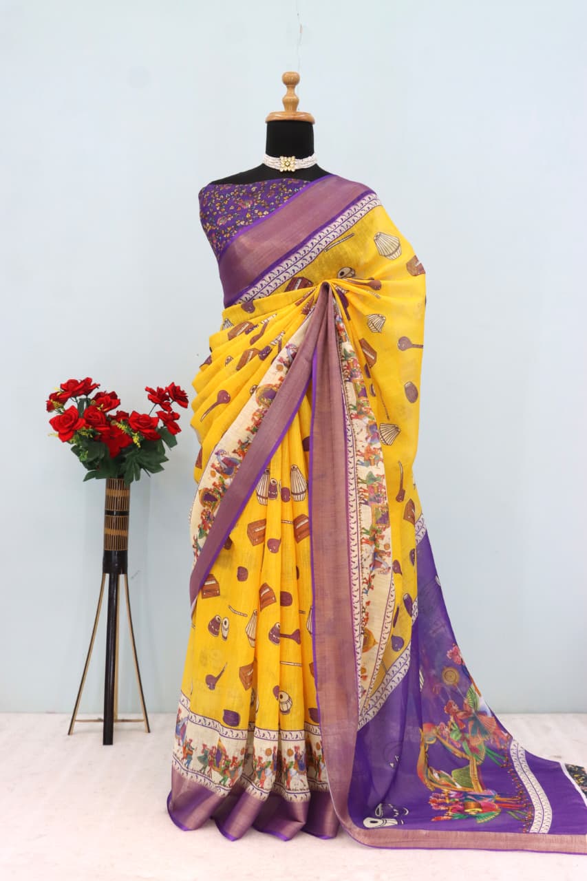 Linen Cotton Saree with Traditional Digital Print – Yellow & Purple Combination