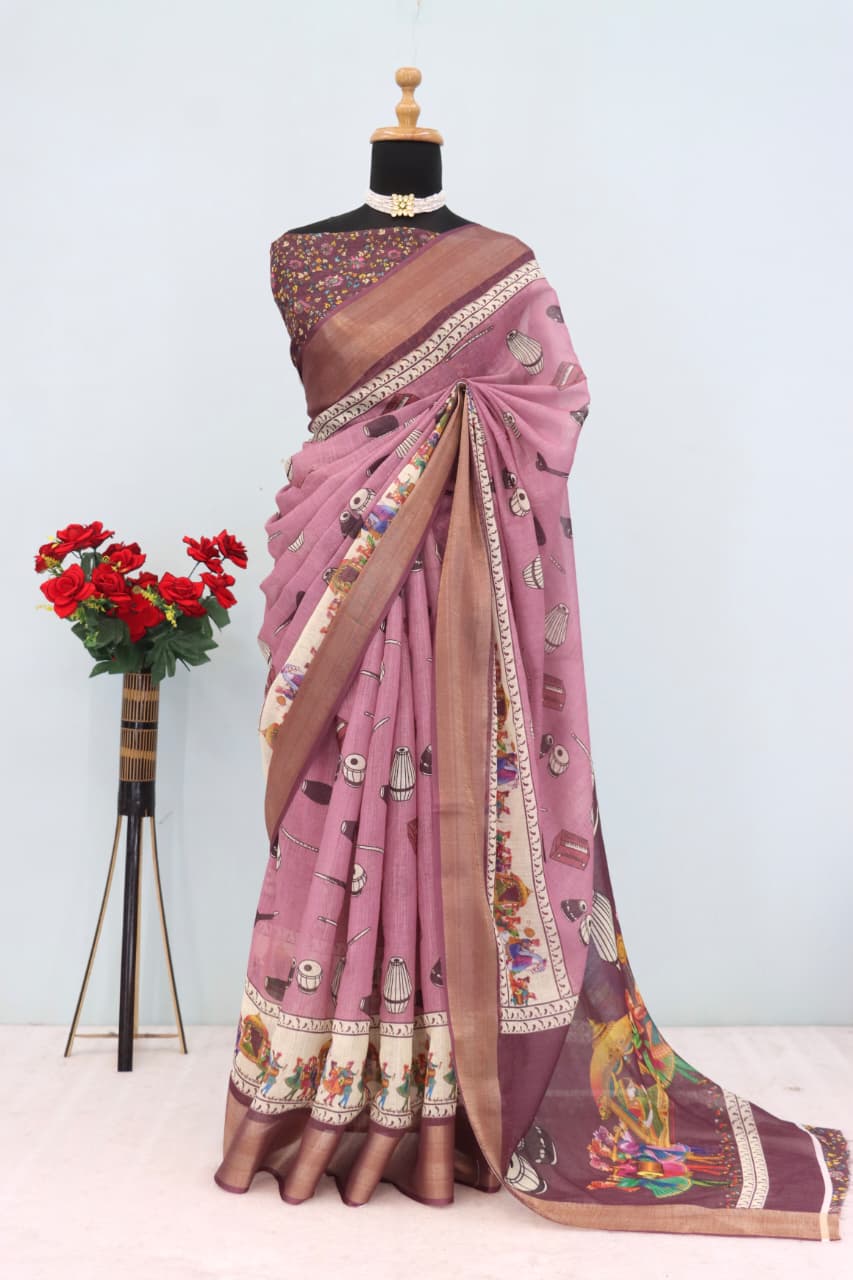 Elegant Linen Cotton Saree with Traditional Digital Print – Mauve & Brown Combination