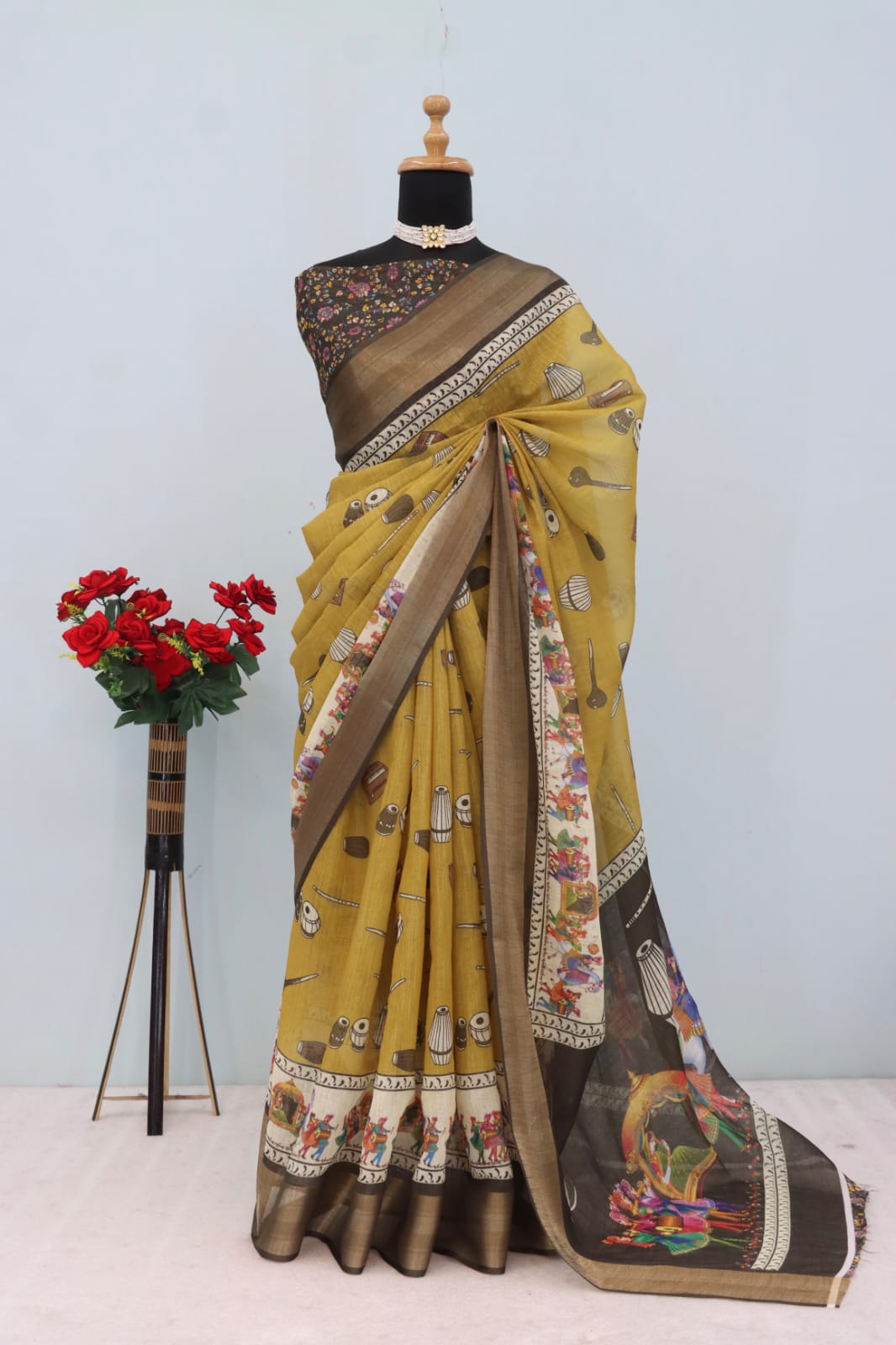 Premium Mustard Yellow Linen Cotton Saree with Artistic Folk Dance Digital Print