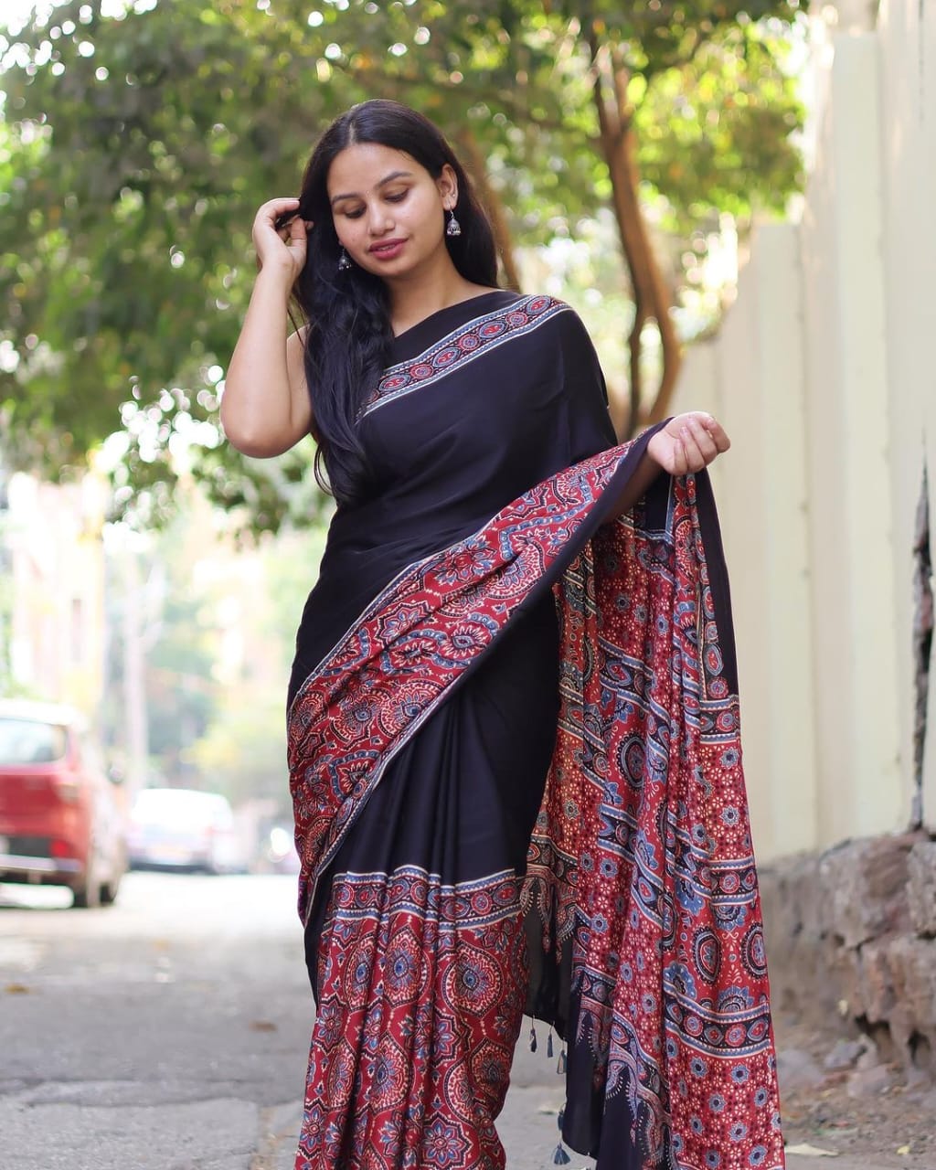 Classic Red Ajrakh Maslin Saree – Grace in Every Drape