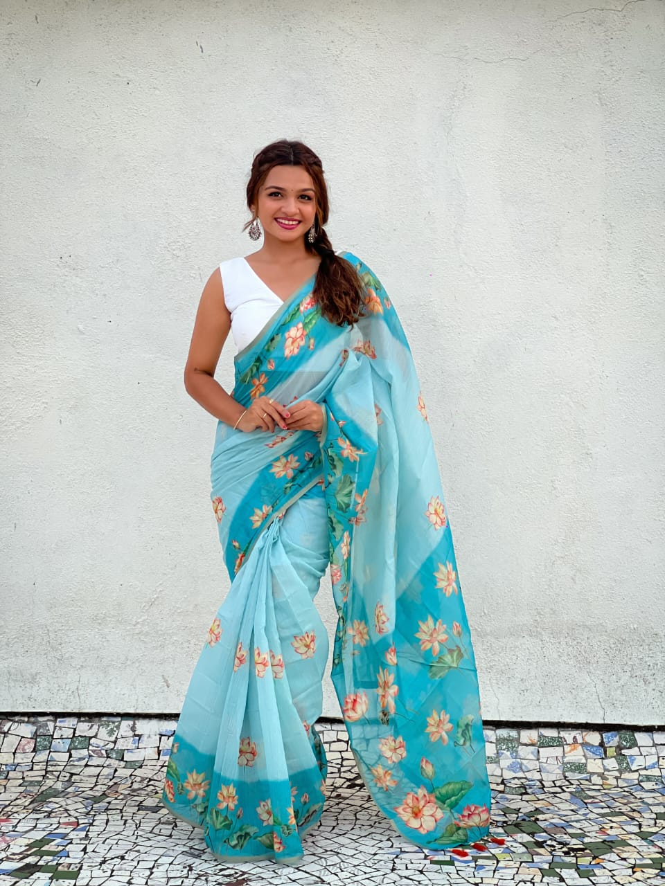 Elegant Sky Blue Floral Print Saree with White Blouse