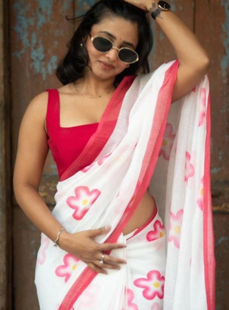 Trendy White & Pink Linen Saree with Floral Prints