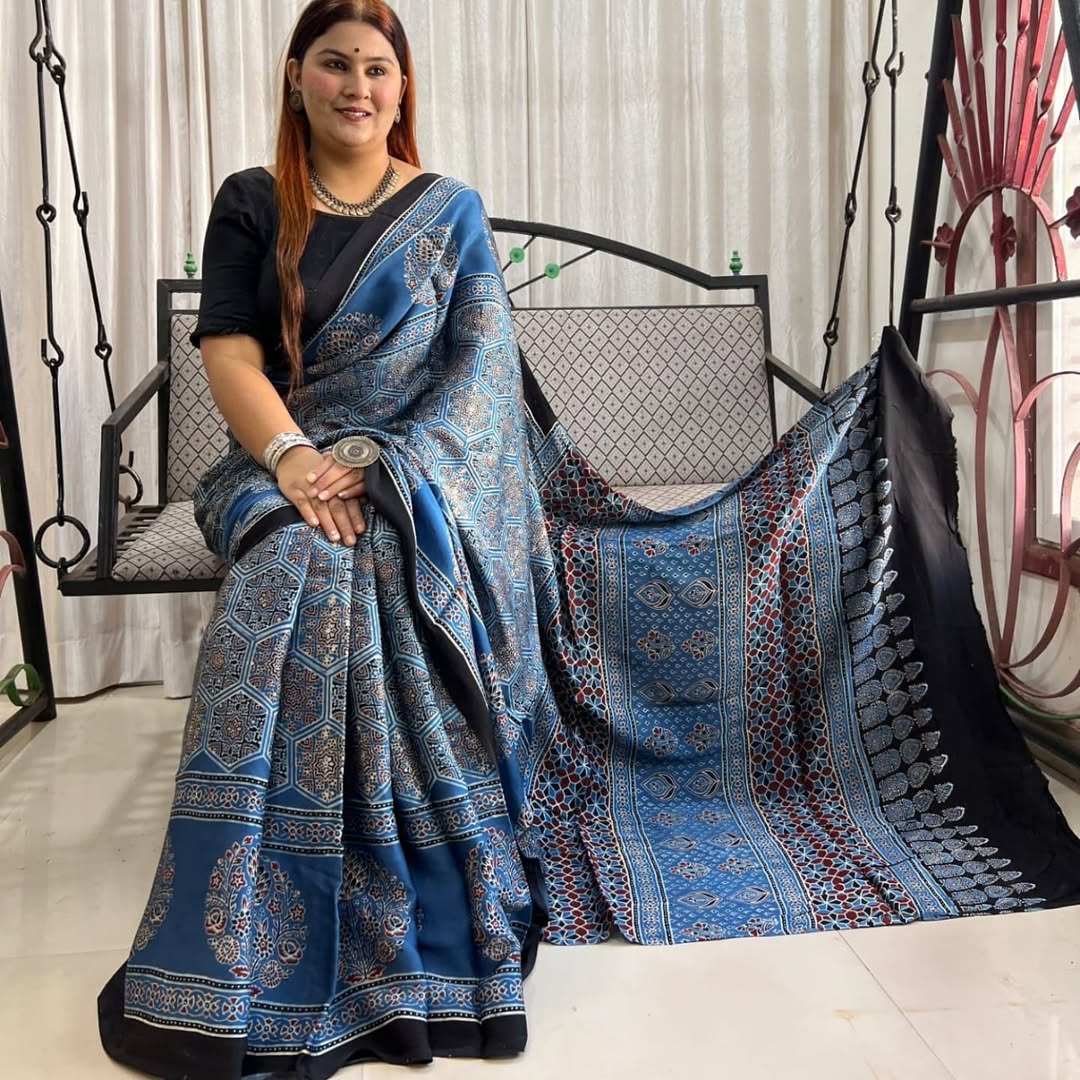 Luxury Blue Ajrakh Saree for Festive Wear