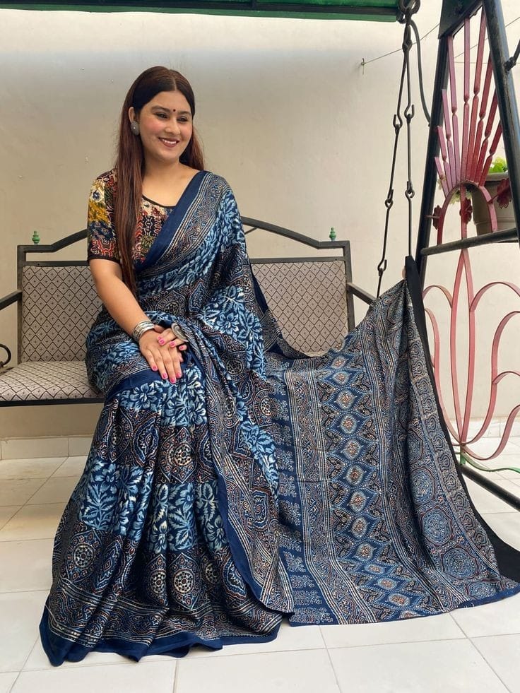 Elegant Indigo Blue Ajrakh Saree