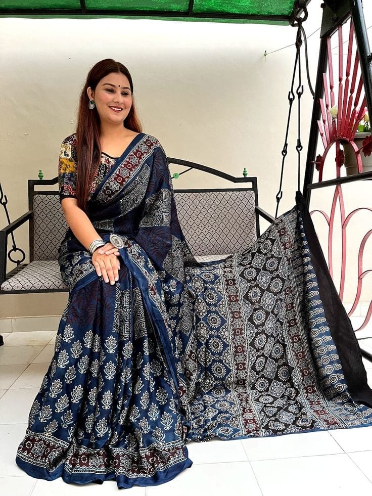 Premium Royal Blue Ajrakh Saree with Traditional Motifs