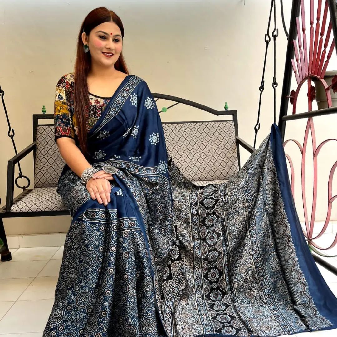Elegant Navy Blue Ajrakh Saree with Intricate Patterns
