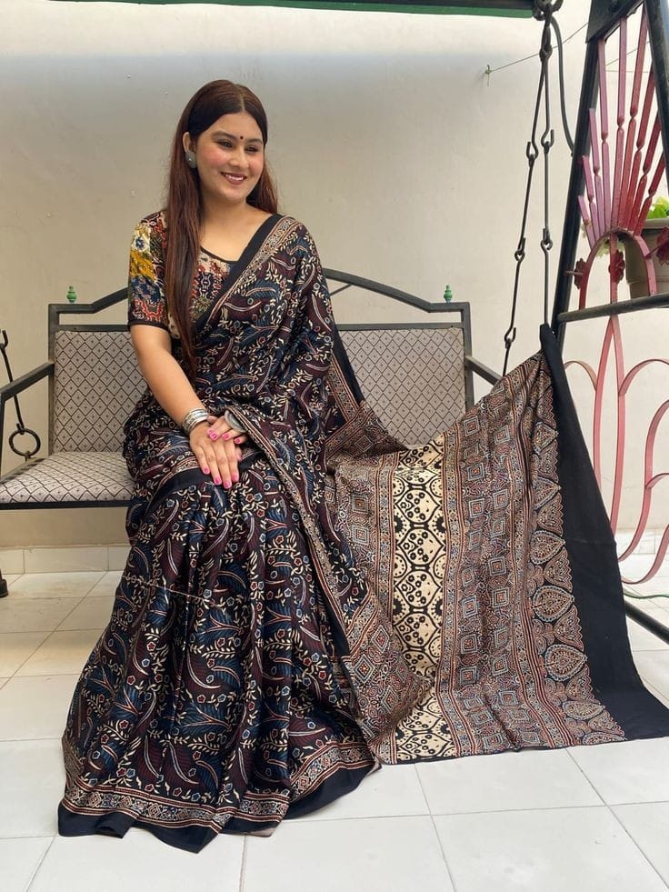 Premium Muslin Fabric Digital Print Ajrakh Saree in Black with Paisley and Floral Motifs