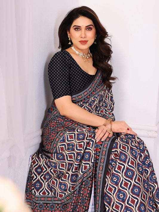 Black & Red Traditional Printed Pure Silk Saree with Contrast Blouse