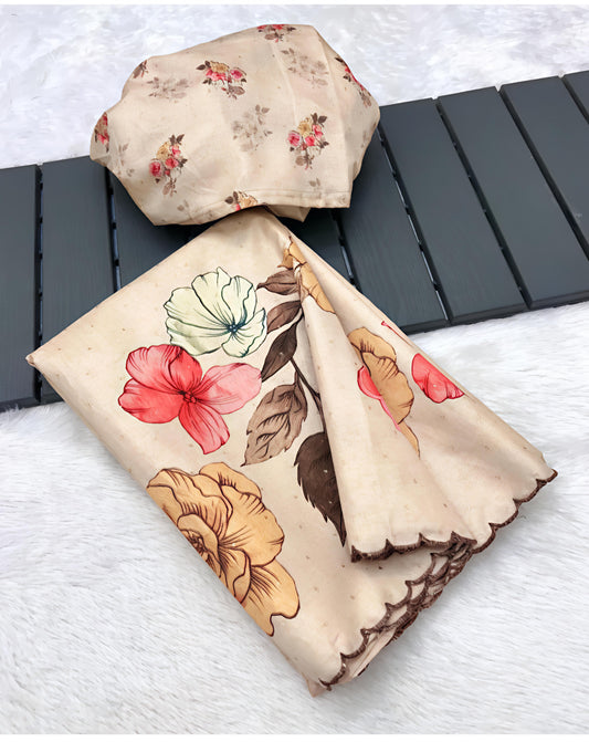 Cream Floral Print Soft Linen Saree with Matching Blouse Piece