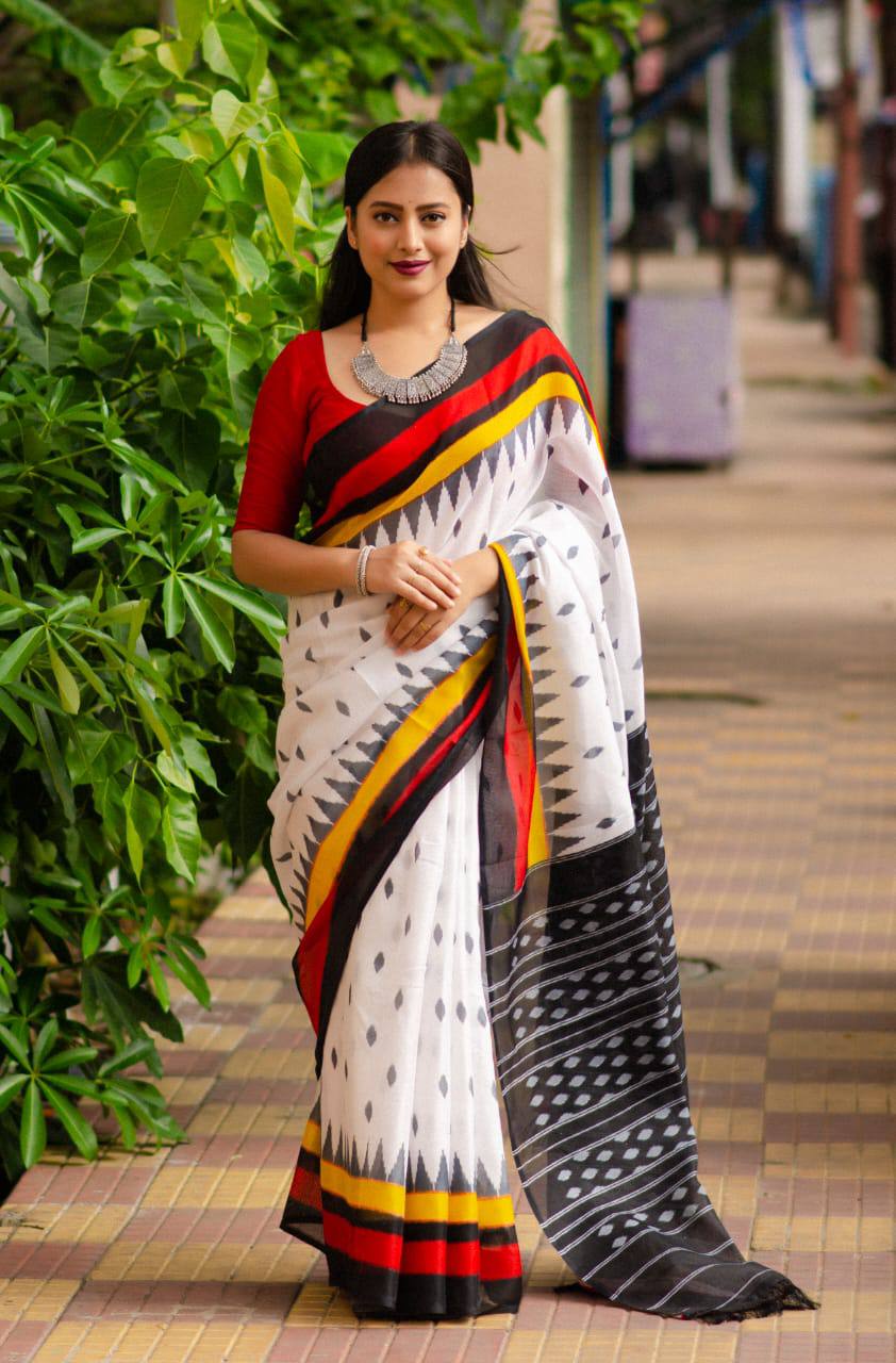 White Handloom Linen Cotton Ikat-Inspired Saree