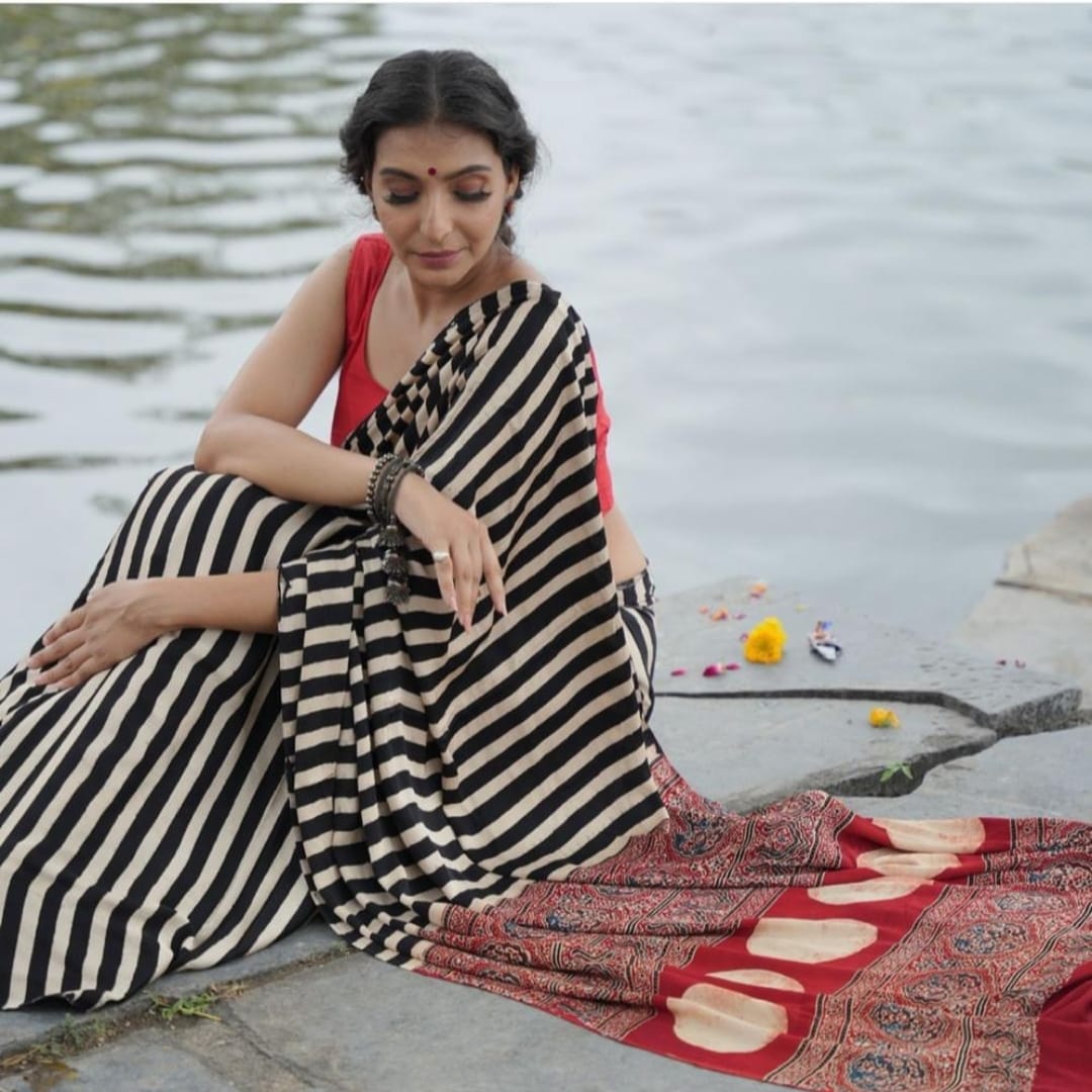 Cream & Black Ajrakh Print Soft Modal Silk Saree