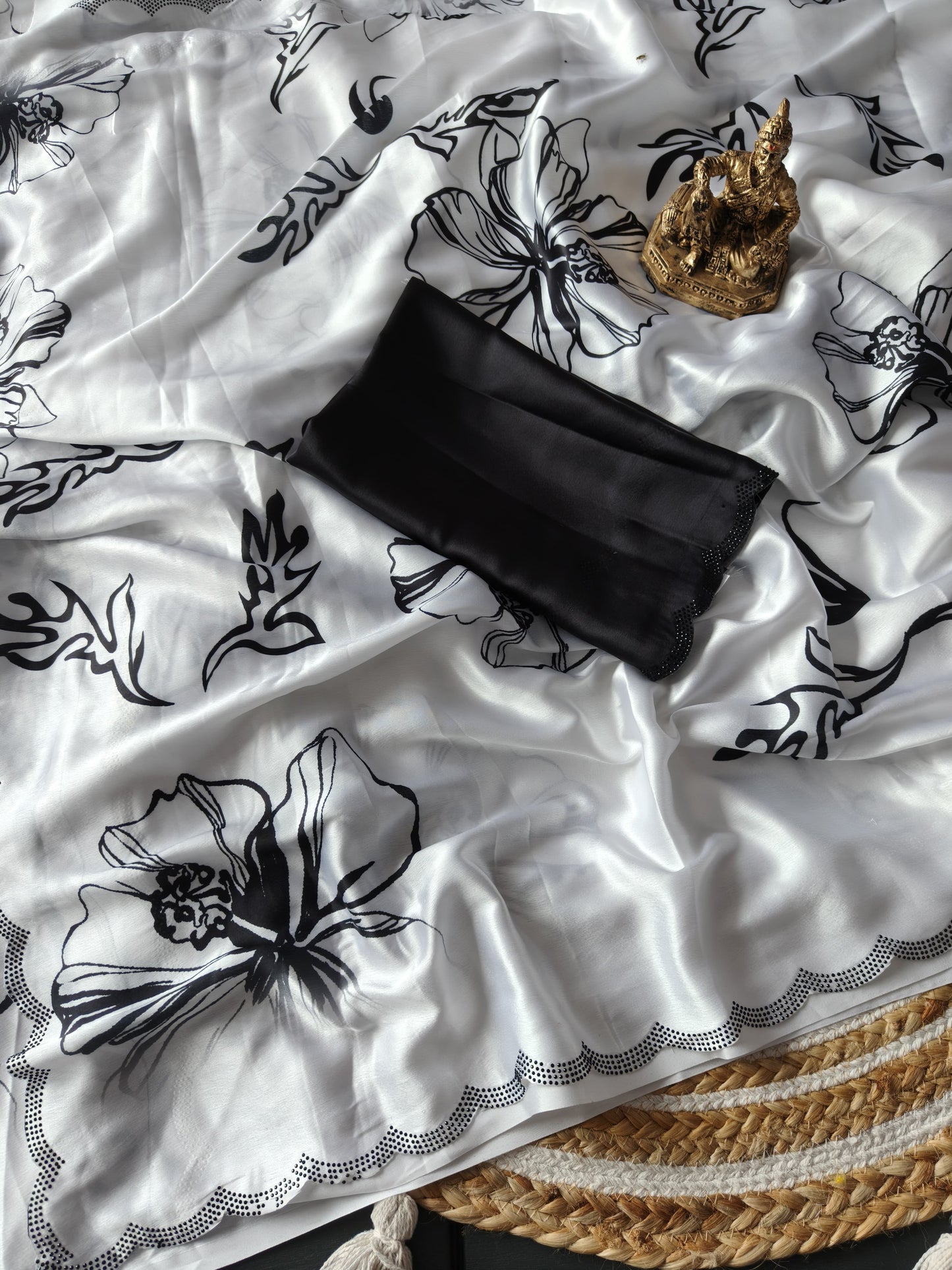 Elegant White & Black Floral Printed Crepe Silk Saree