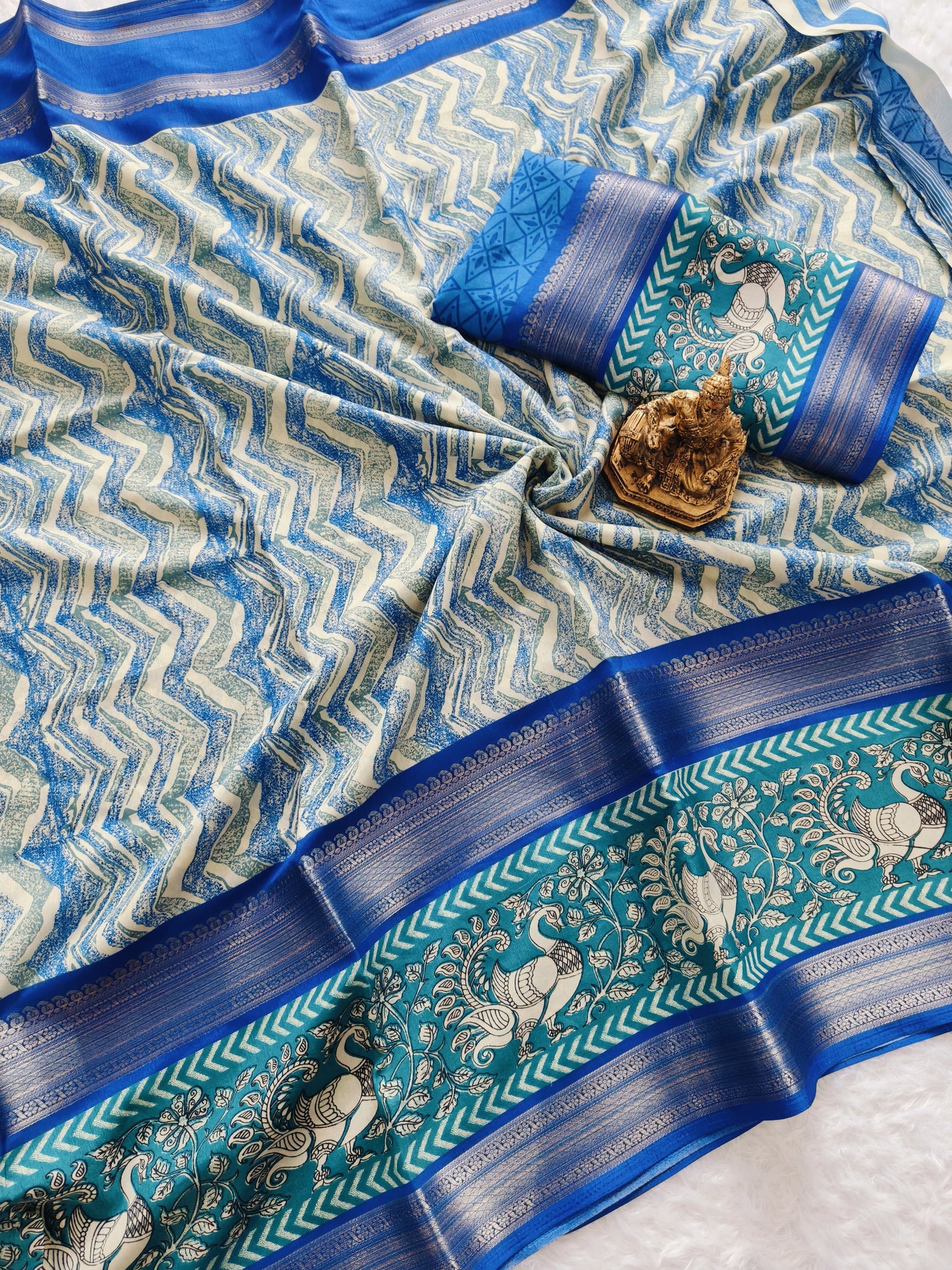 Royal Blue & Silver Handwoven Matka Silk Saree with Peacock Motif Zari Border