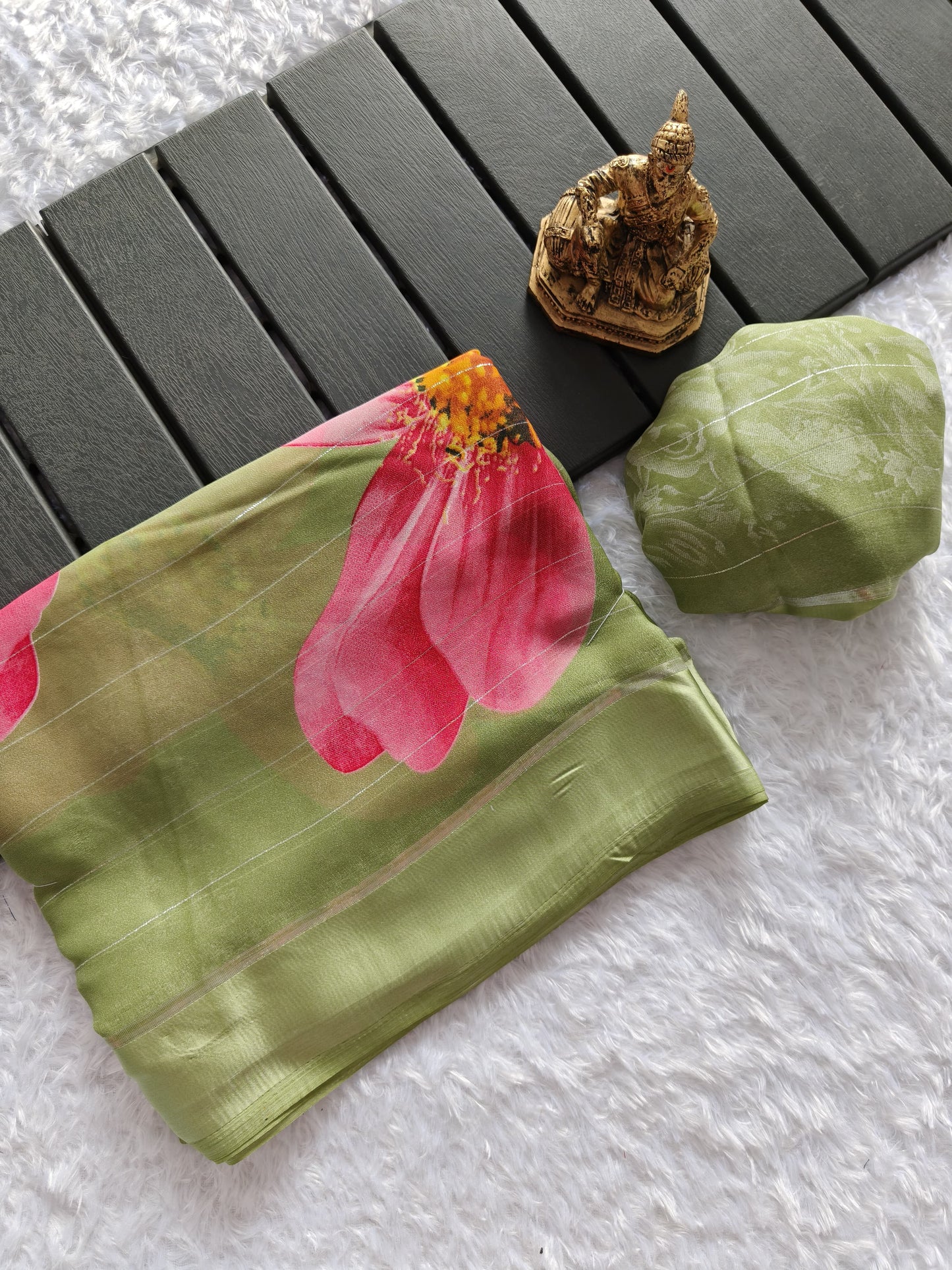 Heavy Dull Moss Chiffon Saree with Floral Digital Print & Zari Satin Border