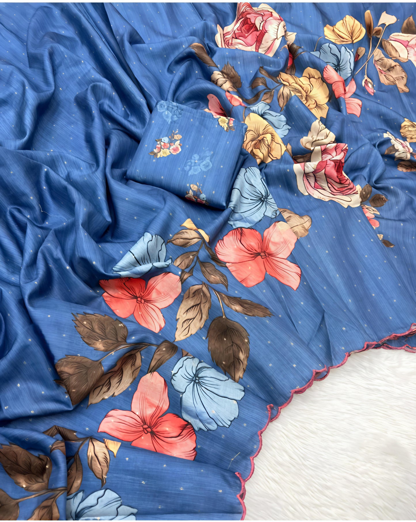 Blue Floral Print Soft Linen Saree with Matching Blouse Piece
