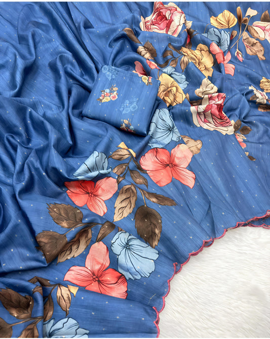 Blue Floral Print Soft Linen Saree with Matching Blouse Piece