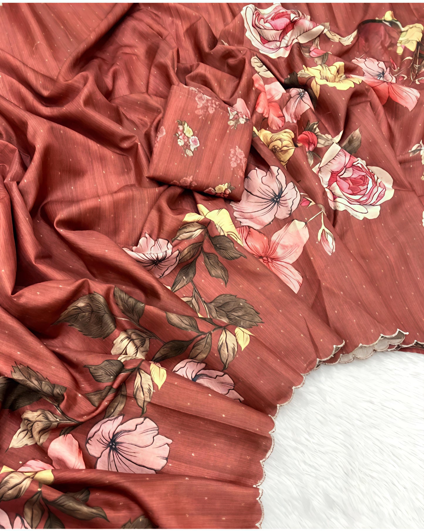 Maroon Floral Print Soft Linen Saree with Matching Blouse Piece