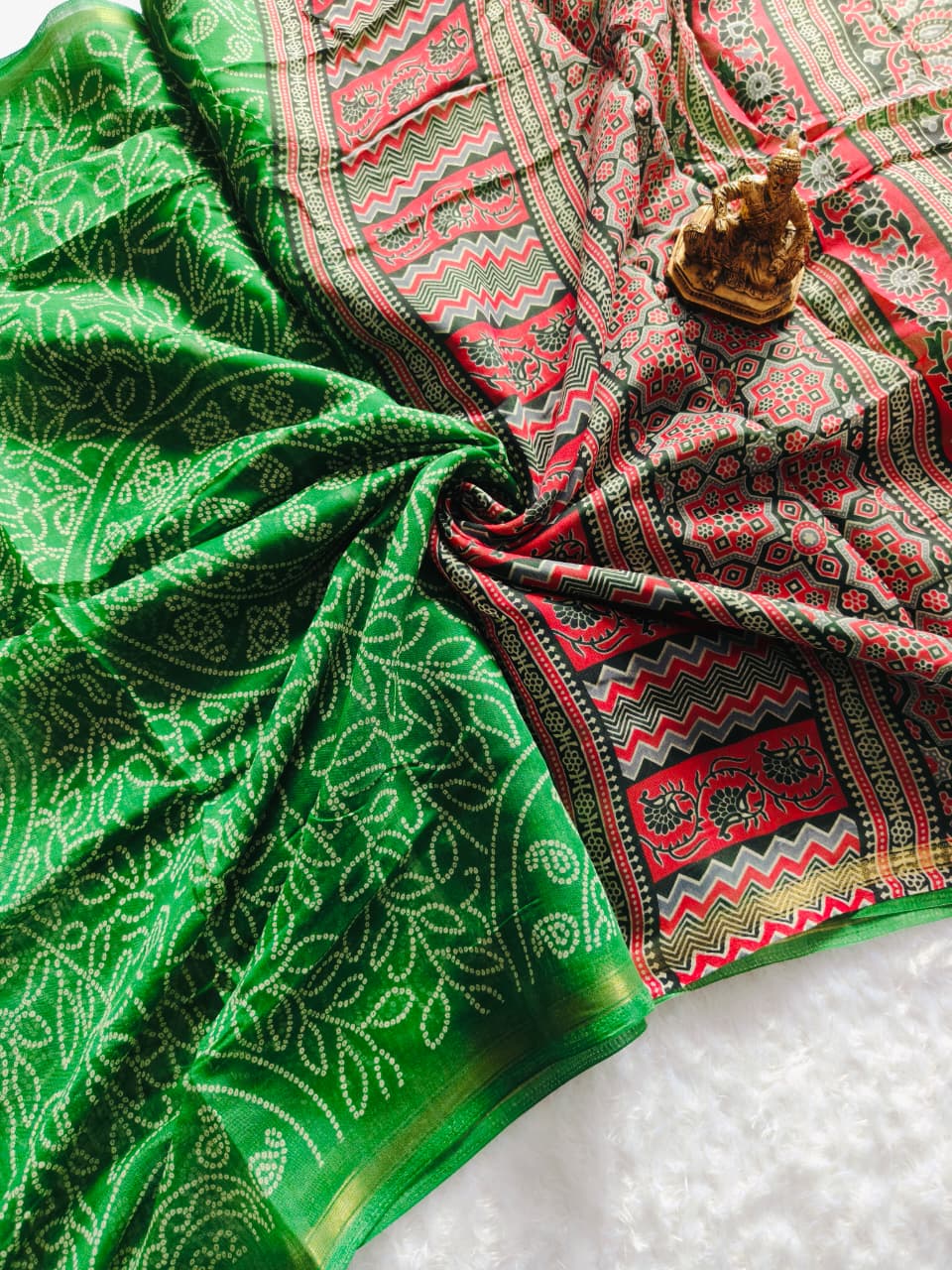 Green Heavy Soft Cotton Saree with Ajrakh Bandhej Print & Golden Scalloped Border