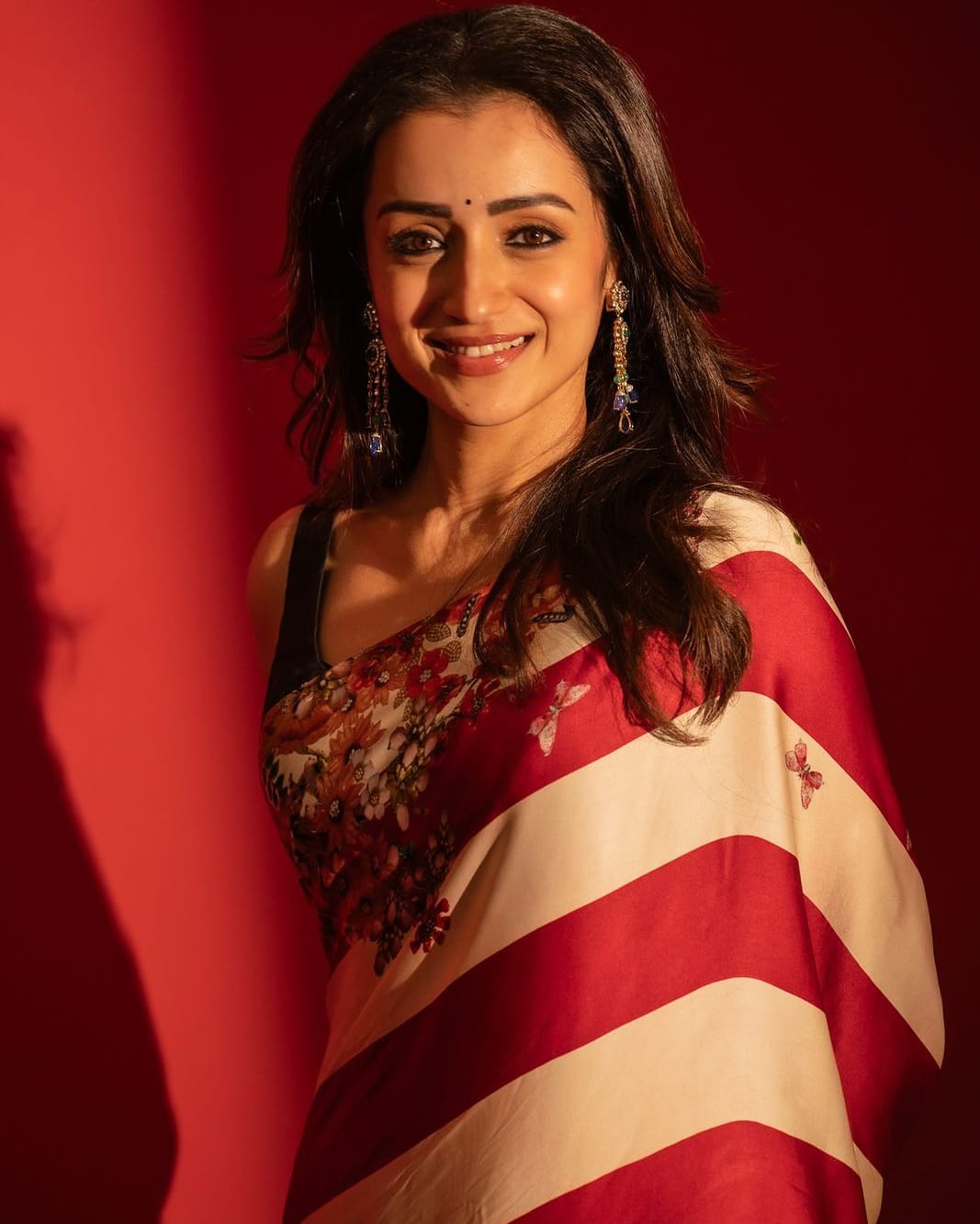 Bollywood Style Premium Satin Crepe Silk Saree with Bold Stripes & Floral Digital Print