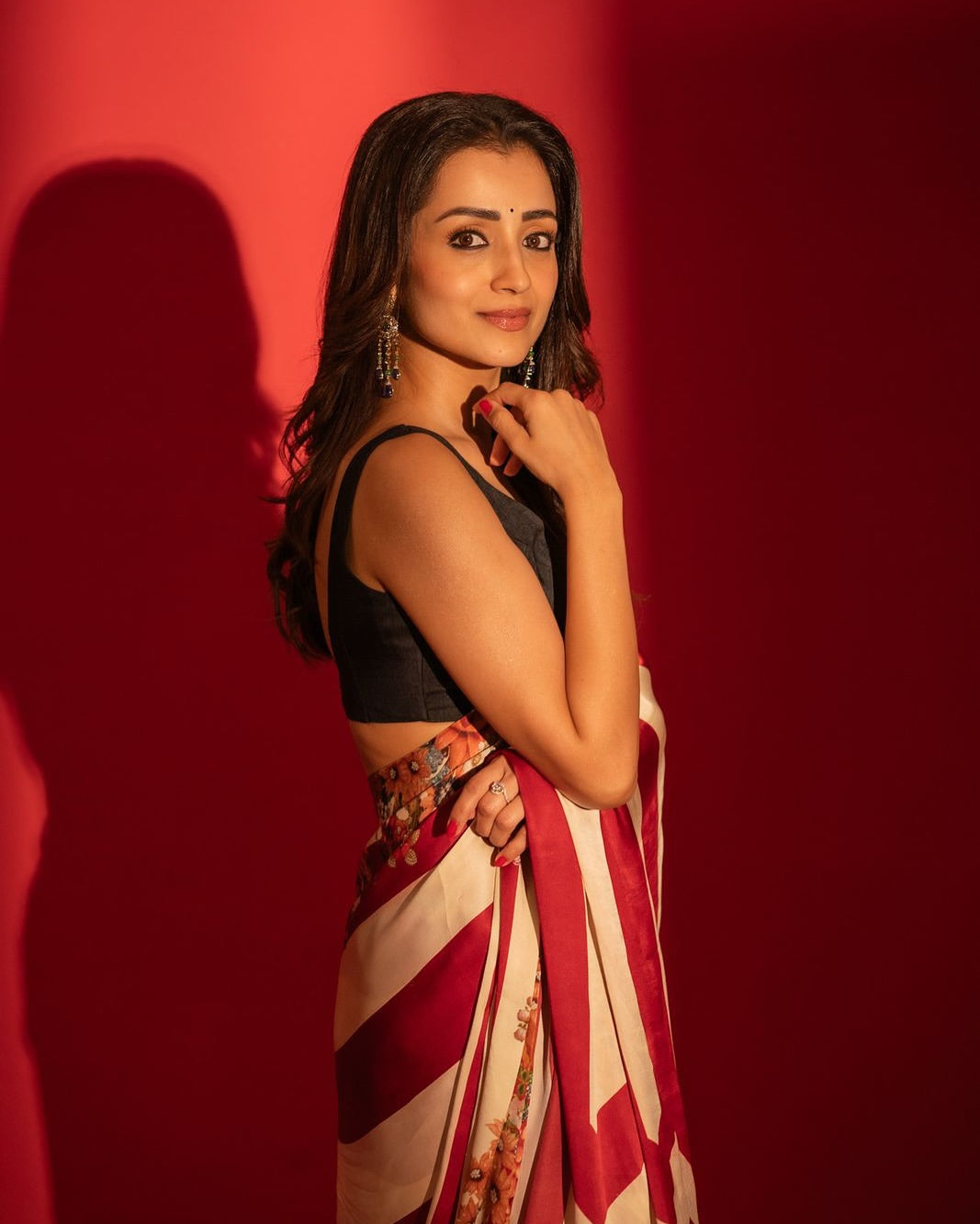 Bollywood Style Premium Satin Crepe Silk Saree with Bold Stripes & Floral Digital Print