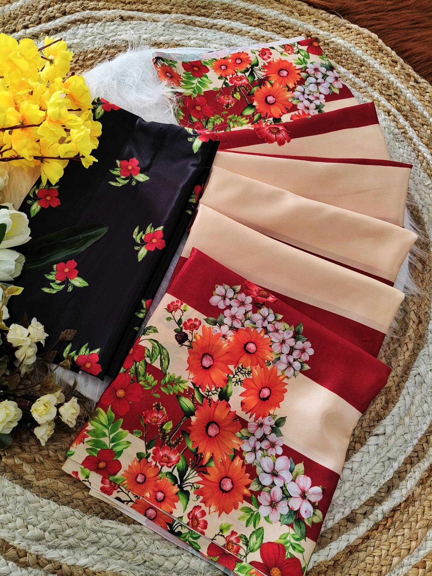 Bollywood Style Premium Satin Crepe Silk Saree with Bold Stripes & Floral Digital Print