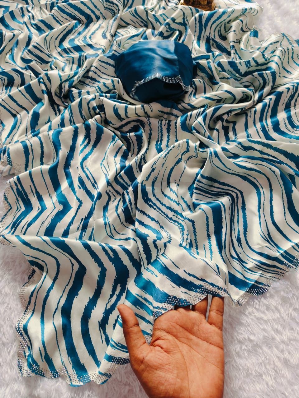 Blue Wave Pattern Crepe Silk Digital Print Saree with Matching Blouse