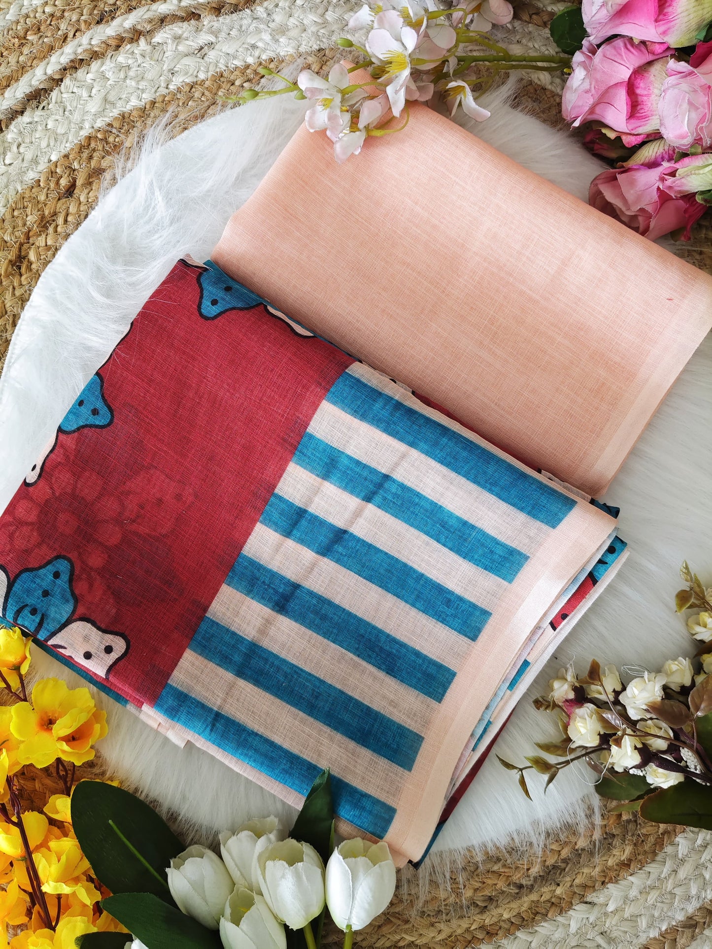 Trendy Digital Print Soft Silk Saree with Floral & Striped Design