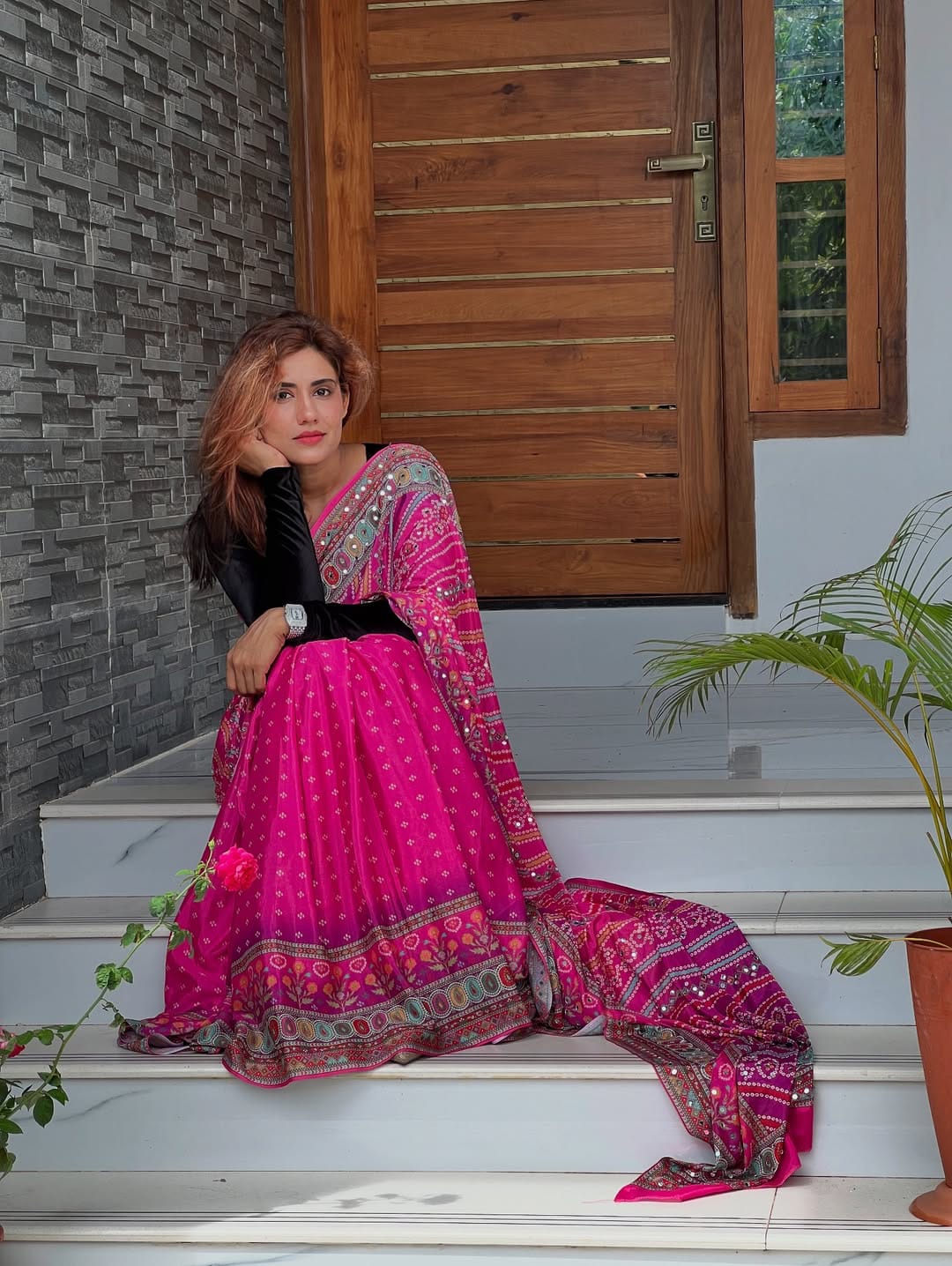 Georgette Bandhej Digital Print Saree with Mirror Work & Matching Blouse