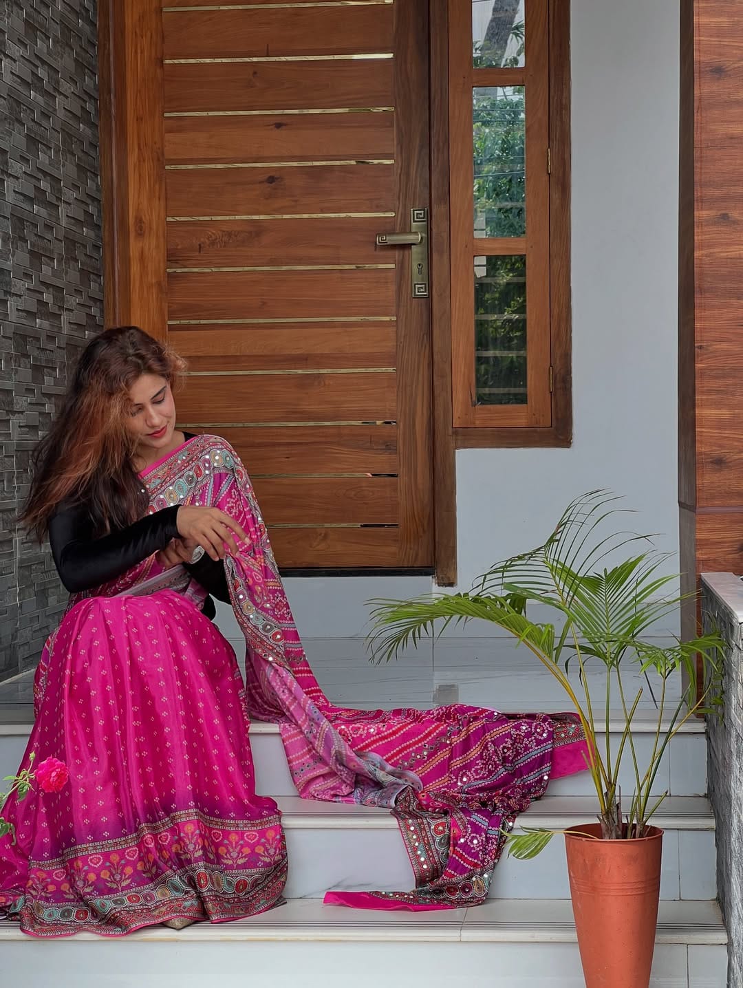 Georgette Bandhej Digital Print Saree with Mirror Work & Matching Blouse