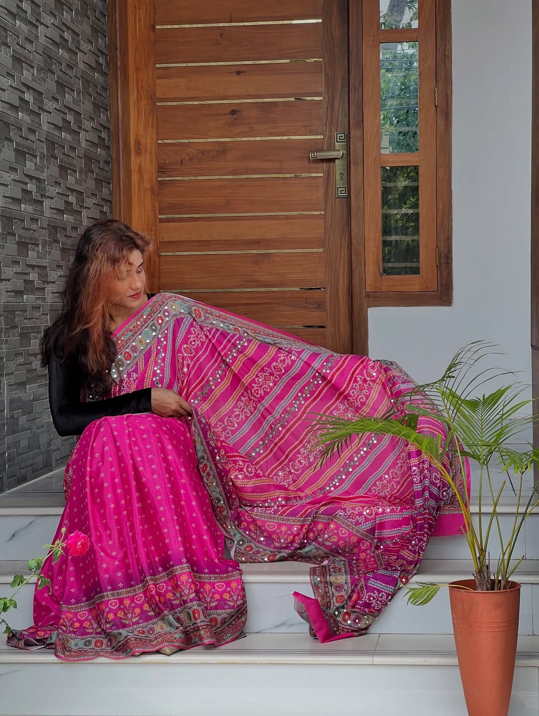 Georgette Bandhej Digital Print Saree with Mirror Work & Matching Blouse