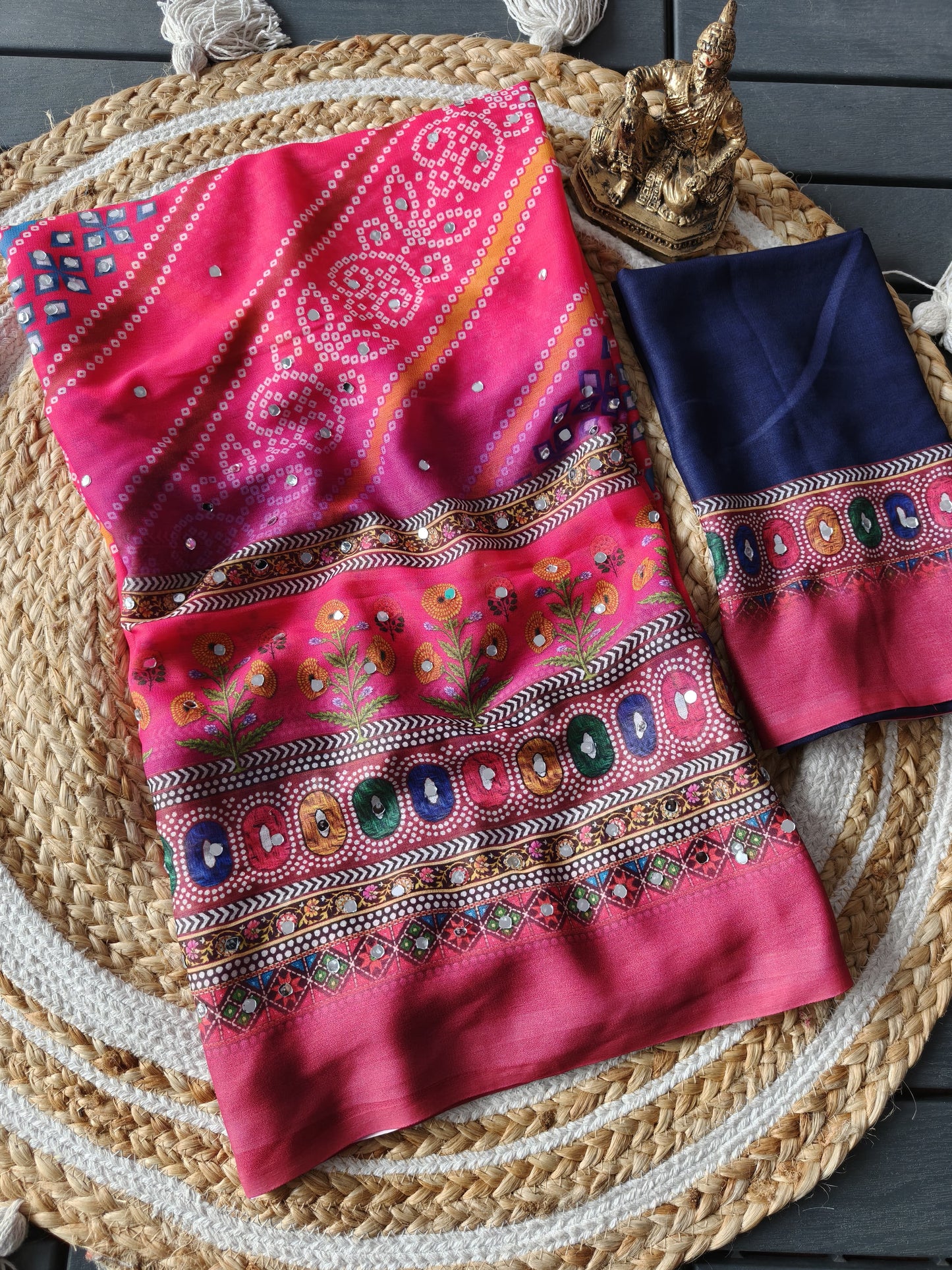 Georgette Bandhej Digital Print Saree with Mirror Work & Matching Blouse